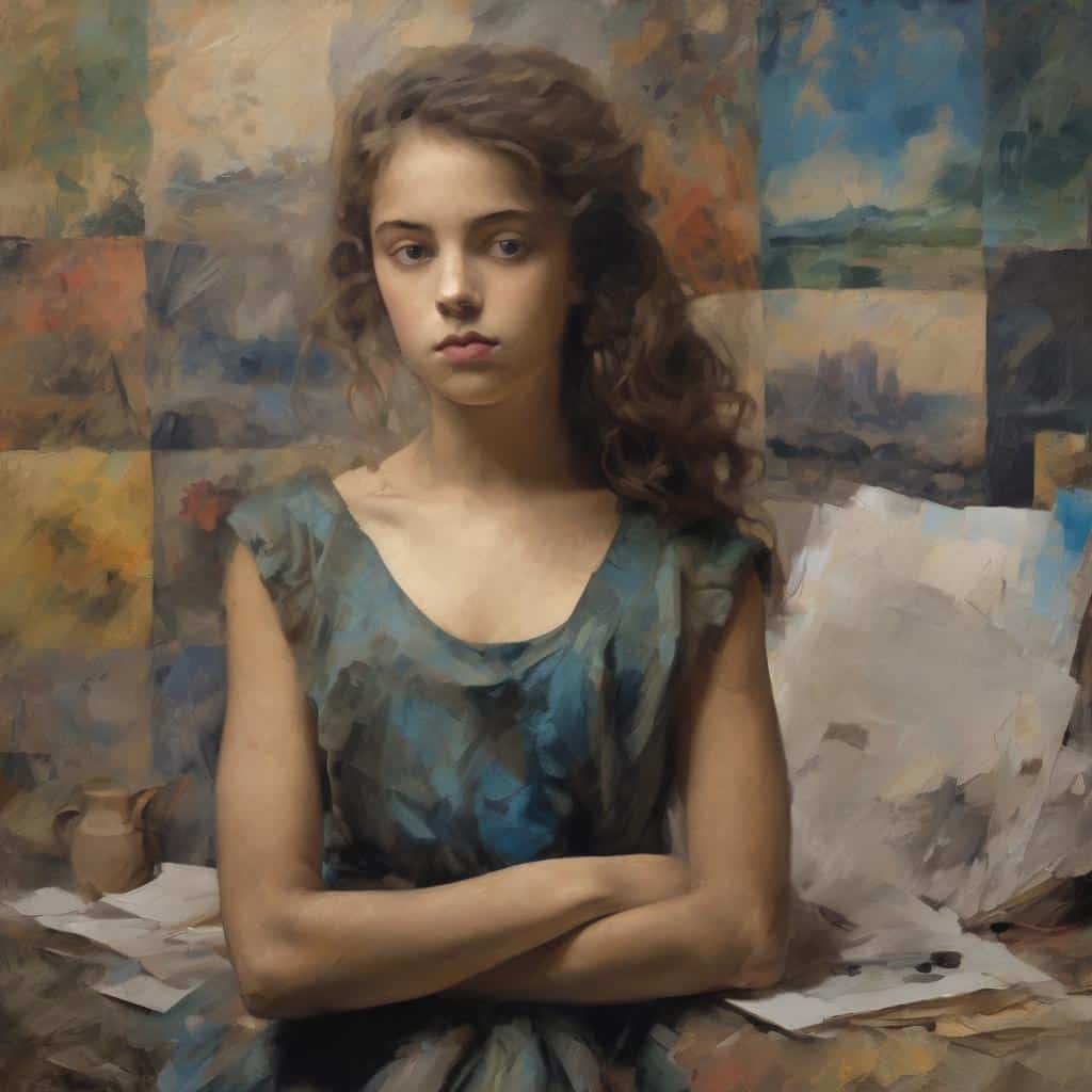 Έφηβη γυναίκα πορτρέτο σε εκφραστικό ζωγραφικό στυλ, κοινωνική ευαισθησία και εκφασισμό στην τέχνη.
