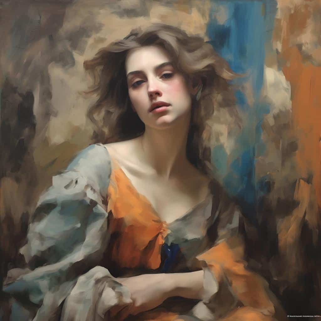 Αρμονική προσωπογραφία γυναίκας σε εσωτερικό σκηνικό, έκφραση ευαισθησίας και υπαρξιακής ανησυχίας.