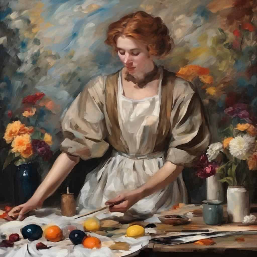 Προσωπογραφία γυναίκας με ελαιογραφία εμπνευσμένη από εξπρεσιονισμό και κοινωνική ευαισθησία, φόντο με λουλούδια.