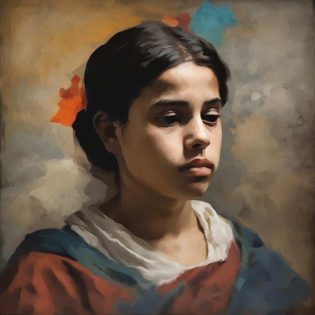 Σπουδαία προσωπογραφία γυναίκας σε έκφραση πνευματικής ευαισθησίας, εμπνευσμένη από τον εξπρεσιονισμό και την κοινωνική ευαισθησία.