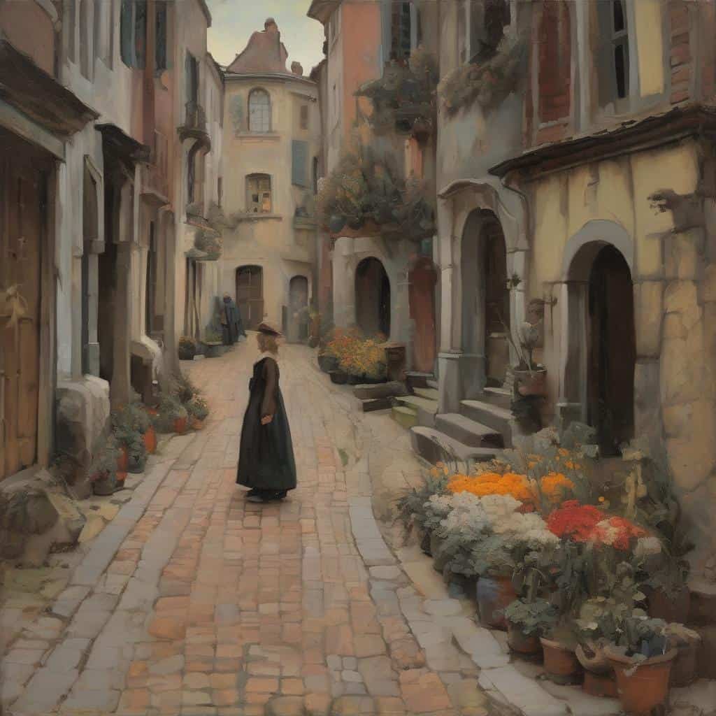 Μικρό σοκάκι με ανδρίνα σε παλιό ευρωπαϊκό χωριό, ζωγραφική έκφανση του Εξπρεσιονισμού και κοινωνικής ευαισθησίας.